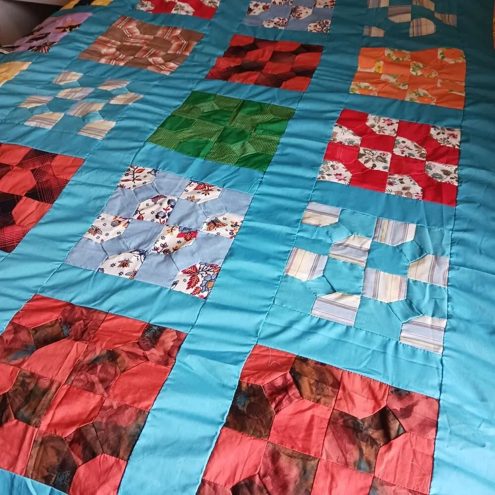 Handmade Bow Tie Quilt Top Hand Pieced Unfinished 95x71